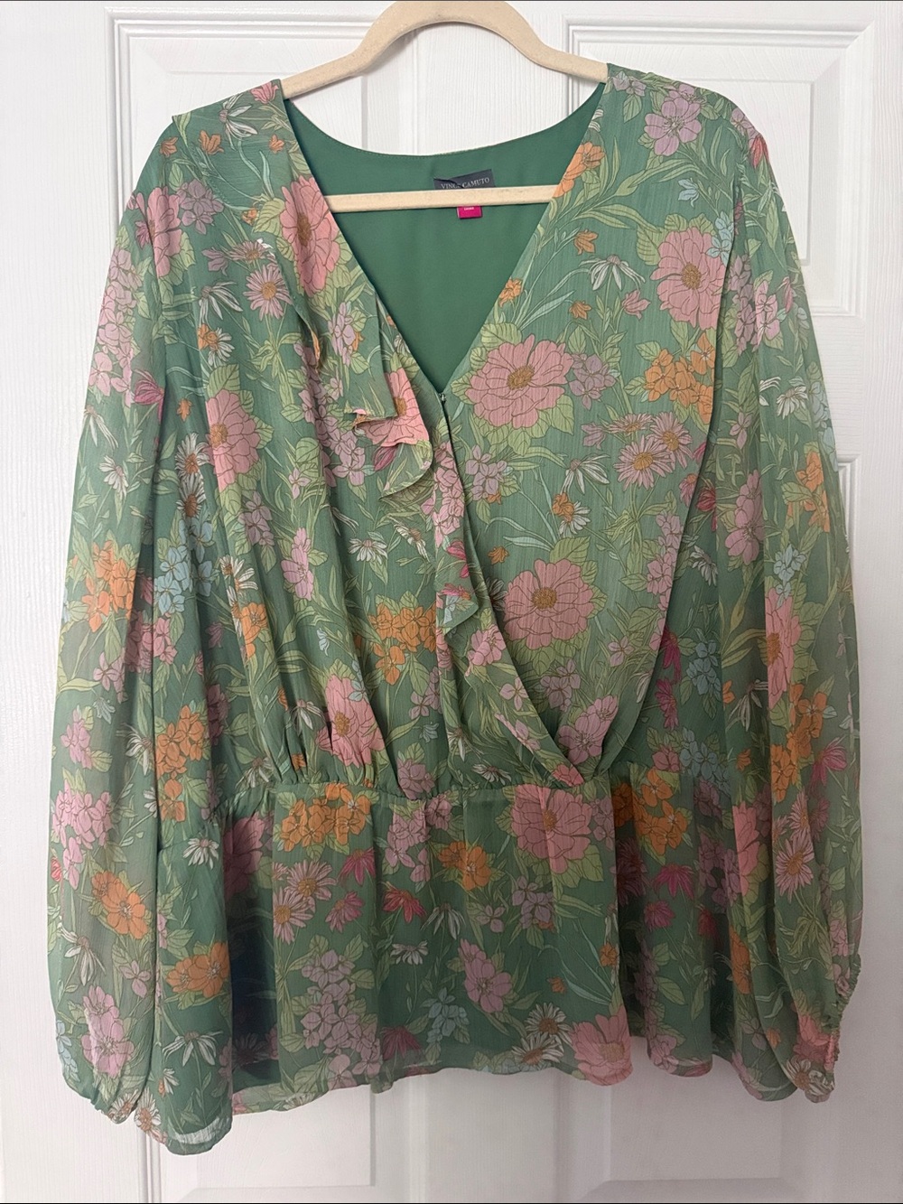 Vince Camuto Green Floral Wrap Blouse with Pink & Orange Blooms
